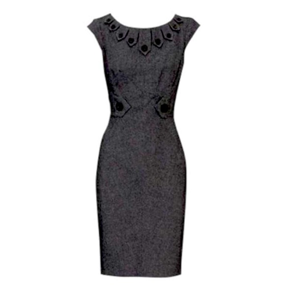 Karen Millen Dresses & Skirts - Karen Millen Grey Tweed Wool Blend Tailored Pencil Dress Neckline Detail US 6